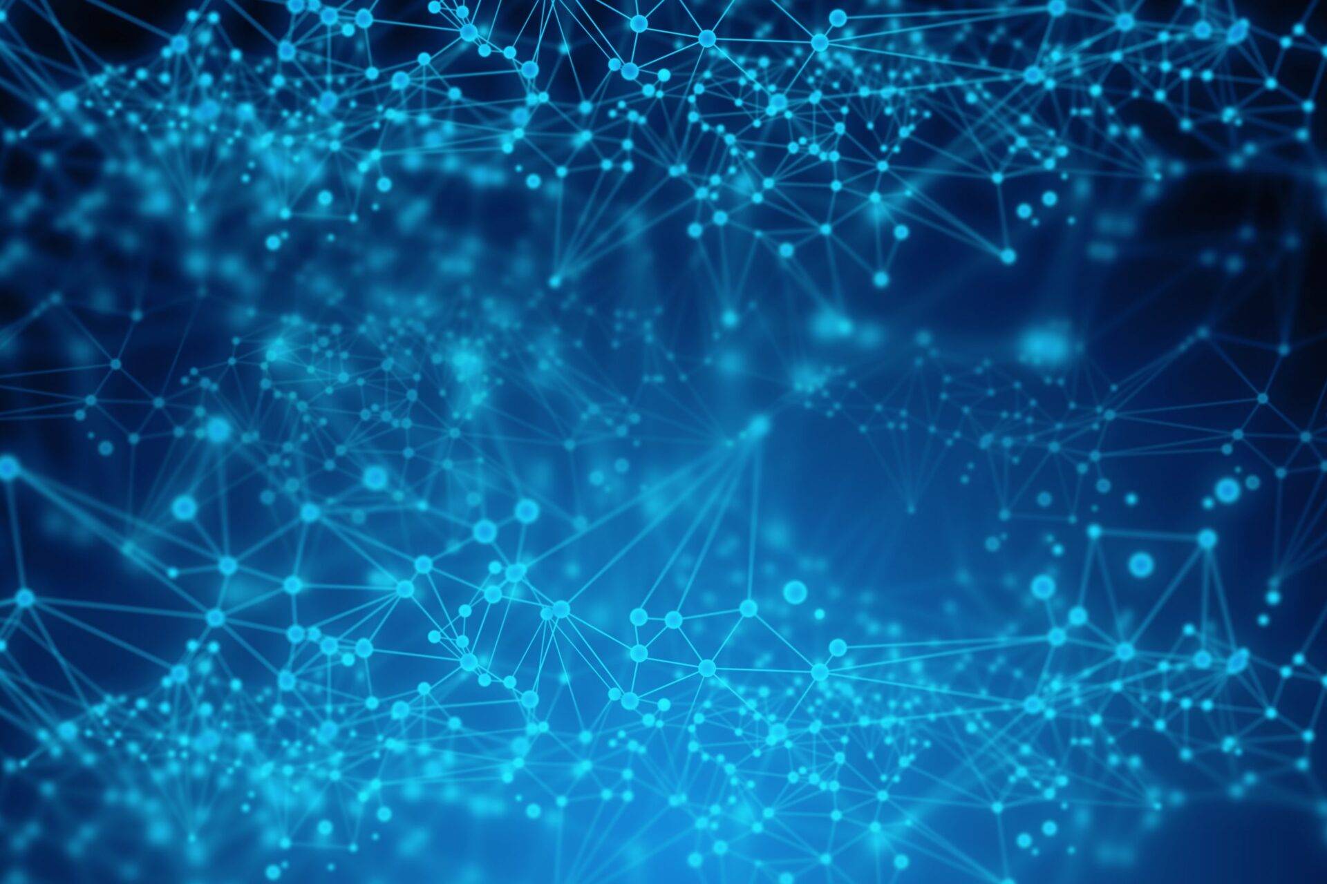 Abstrakt nätverksmönster med ljusa blå linjer och punkter som symboliserar digital kommunikation och datakonnektioner.